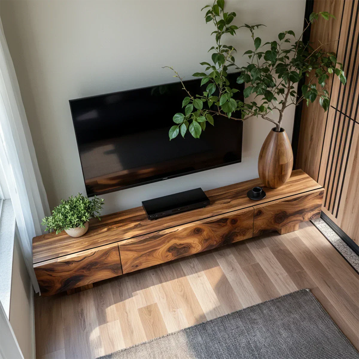 Solid Wood TV Stand – Natural Finish Wabi Sabi Media Console with Deep Grain Texture - Elitegemse
