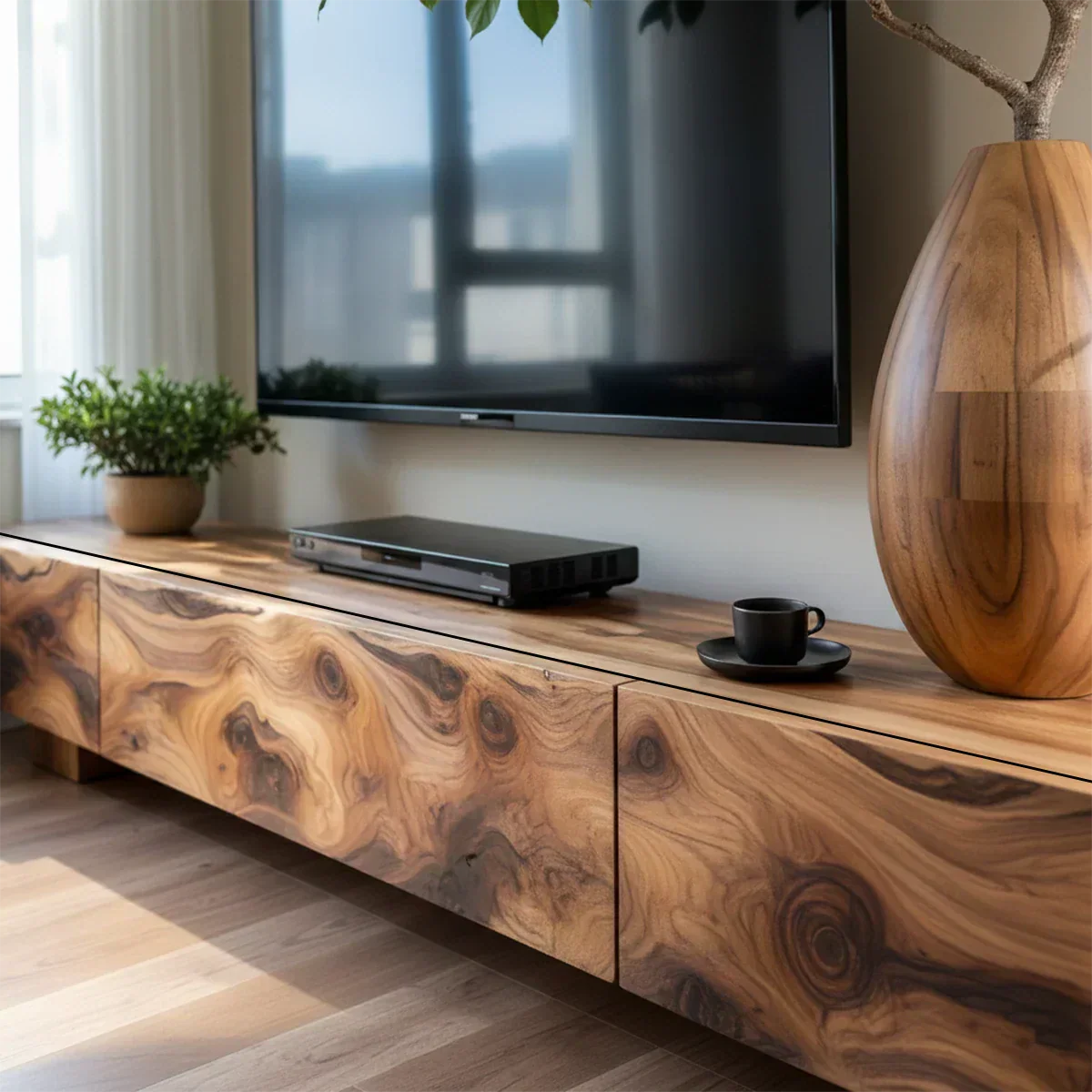 Solid Wood TV Stand – Natural Finish Wabi Sabi Media Console with Deep Grain Texture - Elitegemse
