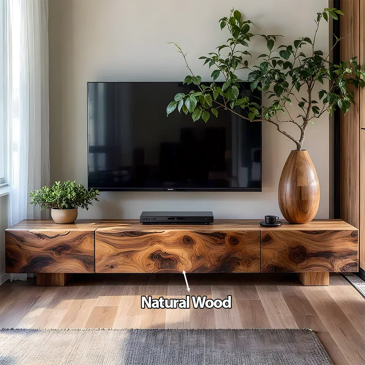 Solid Wood TV Stand – Natural Finish Wabi Sabi Media Console with Deep Grain Texture - Elitegemse