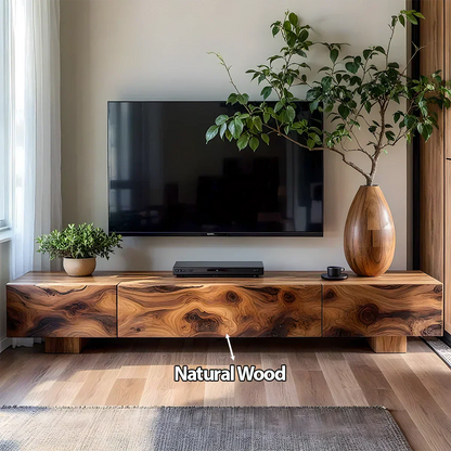 Solid Wood TV Stand – Natural Finish Wabi Sabi Media Console with Deep Grain Texture - Elitegemse