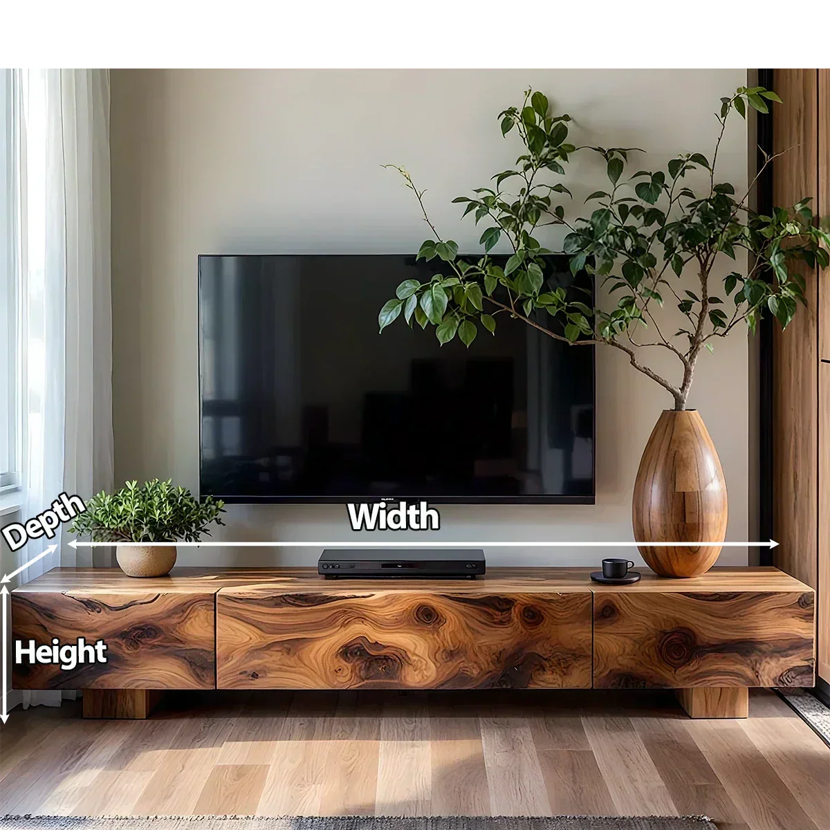 Solid Wood TV Stand – Natural Finish Wabi Sabi Media Console with Deep Grain Texture - Elitegemse