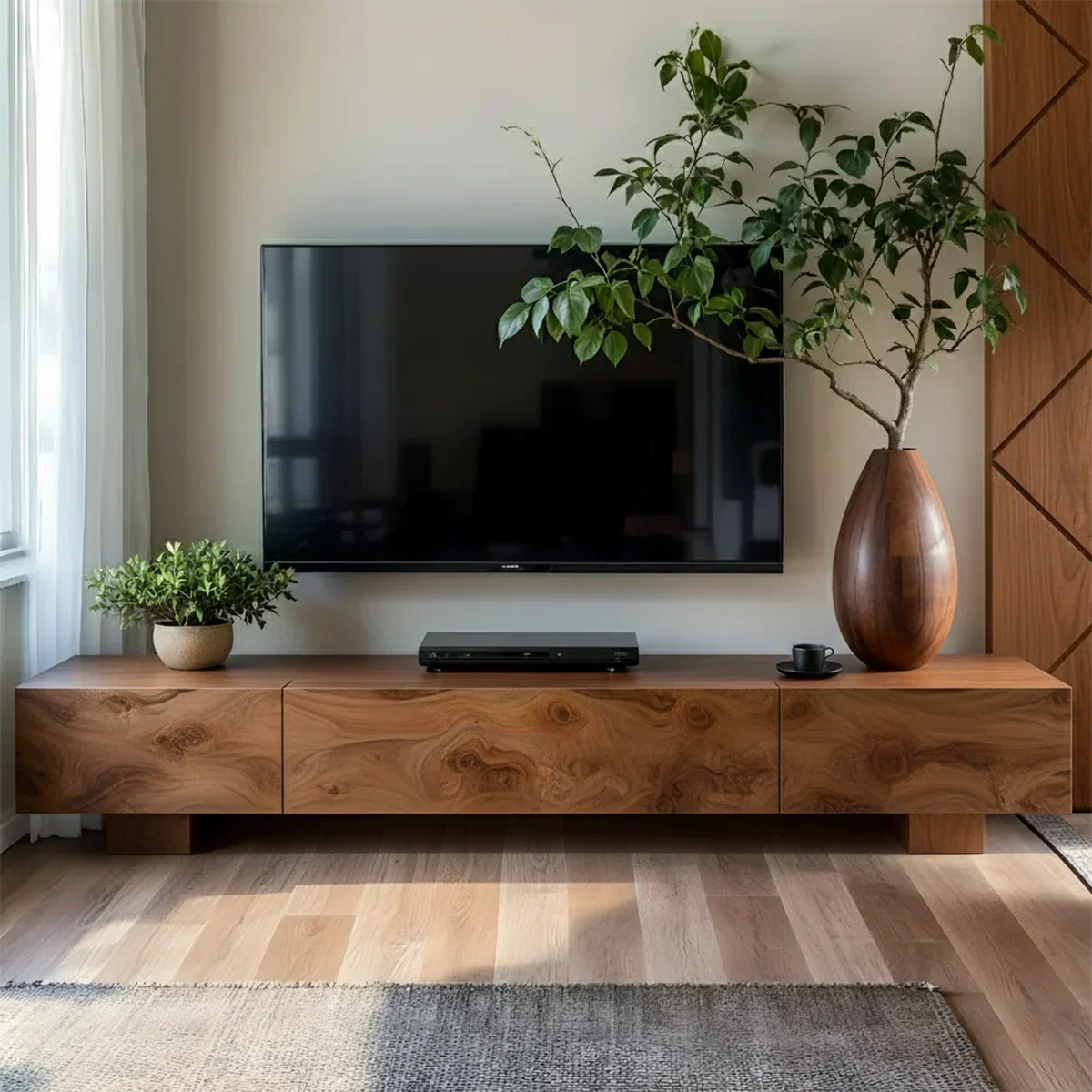 Solid Wood TV Stand – Natural Finish Wabi Sabi Media Console with Deep Grain Texture - Elitegemse