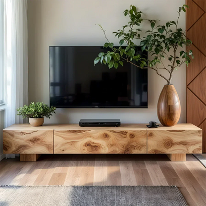 Solid Wood TV Stand – Natural Finish Wabi Sabi Media Console with Deep Grain Texture - Elitegemse