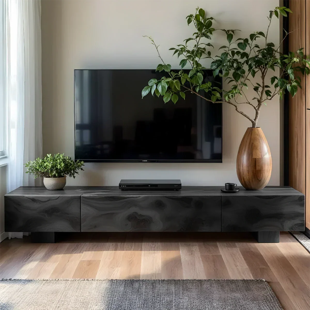 Solid Wood TV Stand – Natural Finish Wabi Sabi Media Console with Deep Grain Texture - Elitegemse