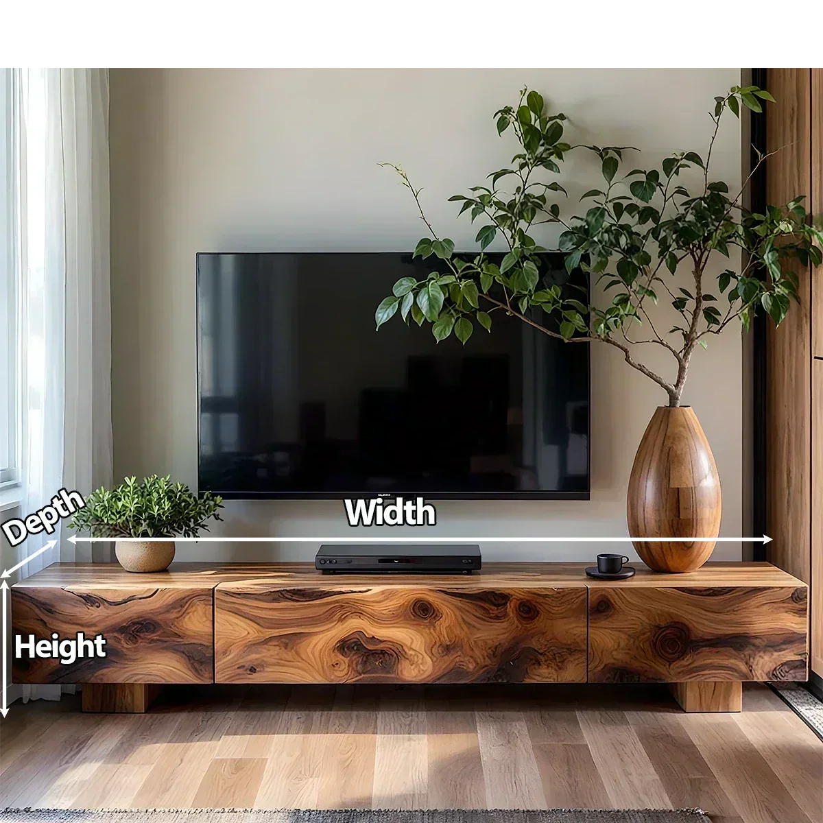 Solid Wood TV Stand – Natural Finish Wabi Sabi Media Console with Deep Grain Texture - Woodenecho