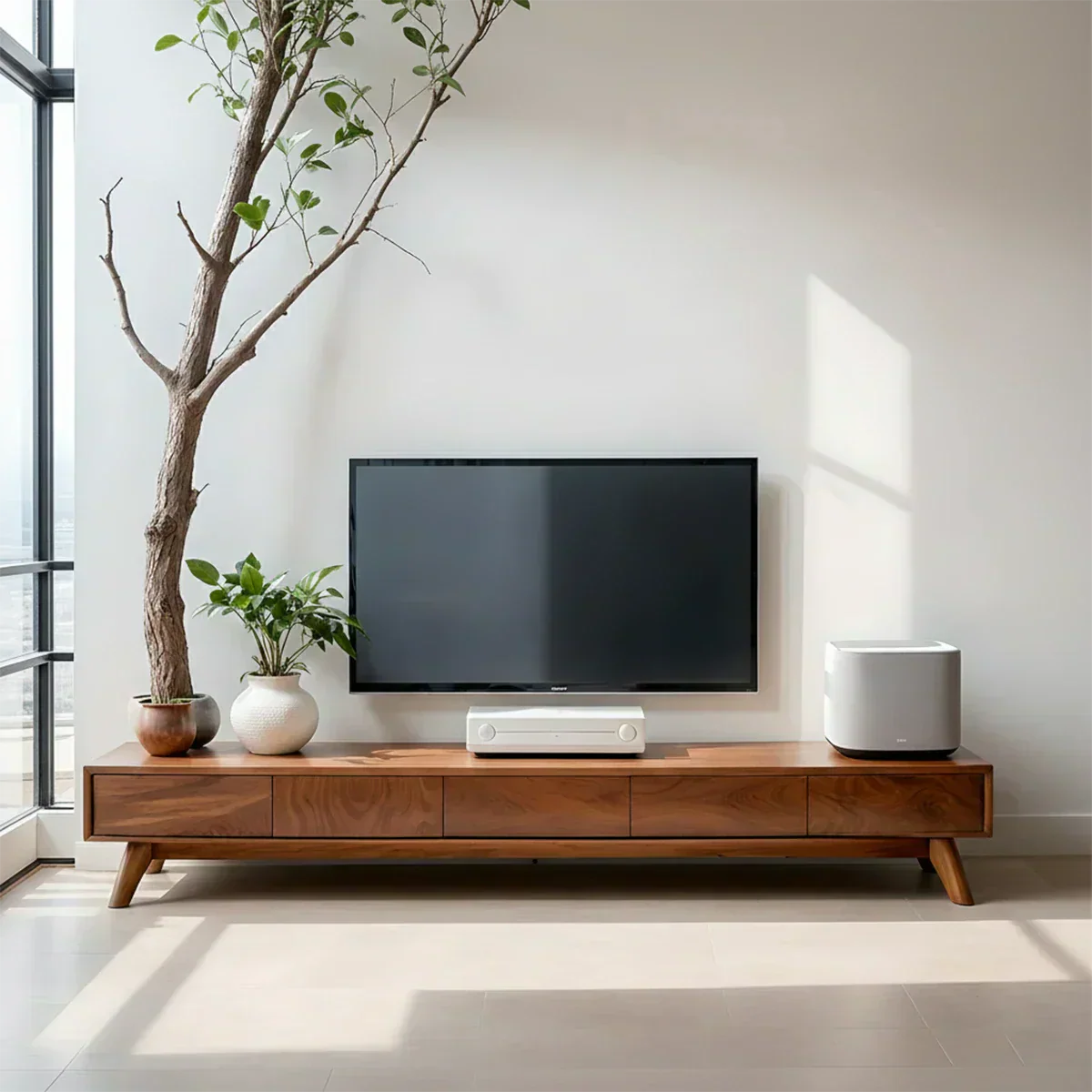 Solid Wood TV Stand – Scandinavian Minimalist Linear Design - Woodenecho