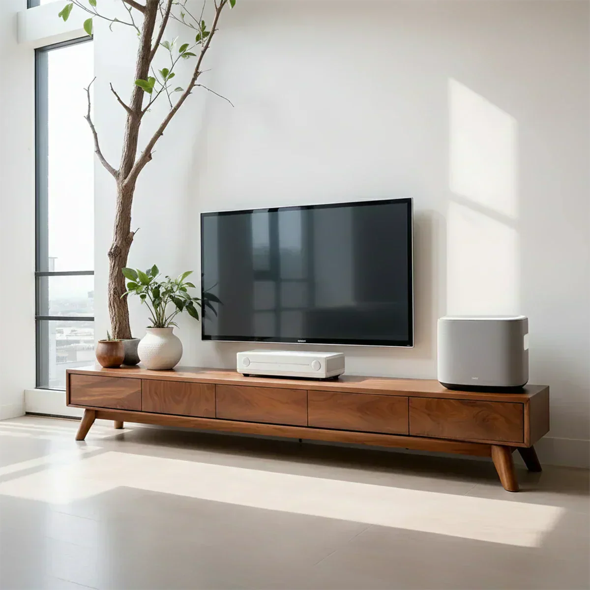 Solid Wood TV Stand – Scandinavian Minimalist Linear Design - Woodenecho