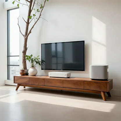 Solid Wood TV Stand – Scandinavian Minimalist Linear Design - Woodenecho