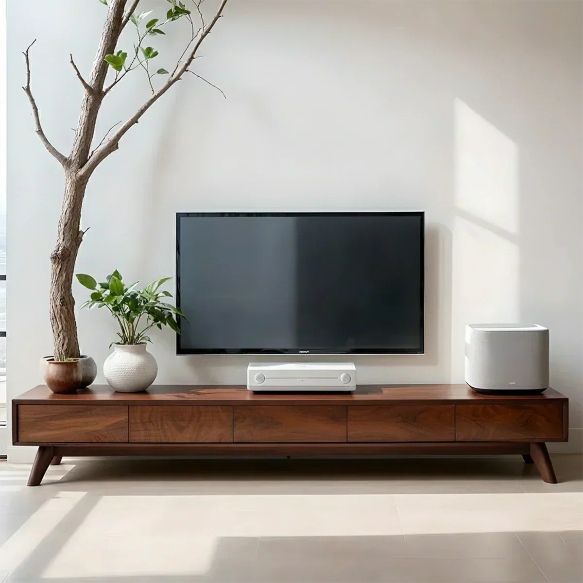 Solid Wood TV Stand – Scandinavian Minimalist Linear Design - Woodenecho