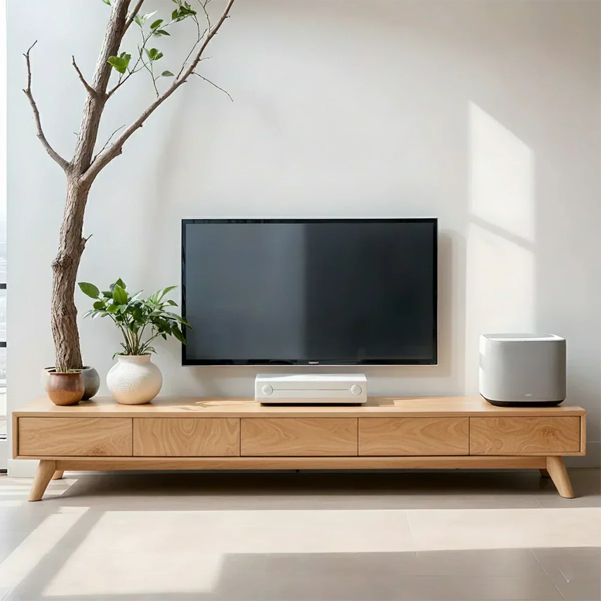 Solid Wood TV Stand – Scandinavian Minimalist Linear Design - Woodenecho
