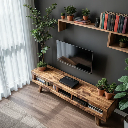 Solid Wood TV Stand – Scandinavian Modern Open-Shelf Design - Woodenecho