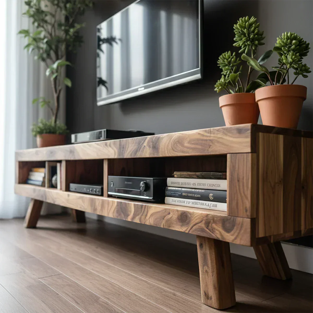 Solid Wood TV Stand – Scandinavian Modern Open-Shelf Design - Woodenecho