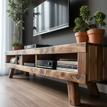 Solid Wood TV Stand – Scandinavian Modern Open-Shelf Design - Woodenecho