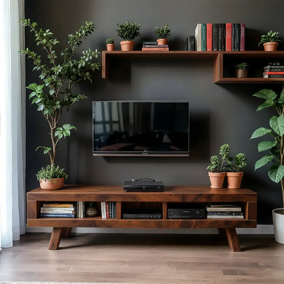Solid Wood TV Stand – Scandinavian Modern Open-Shelf Design - Woodenecho