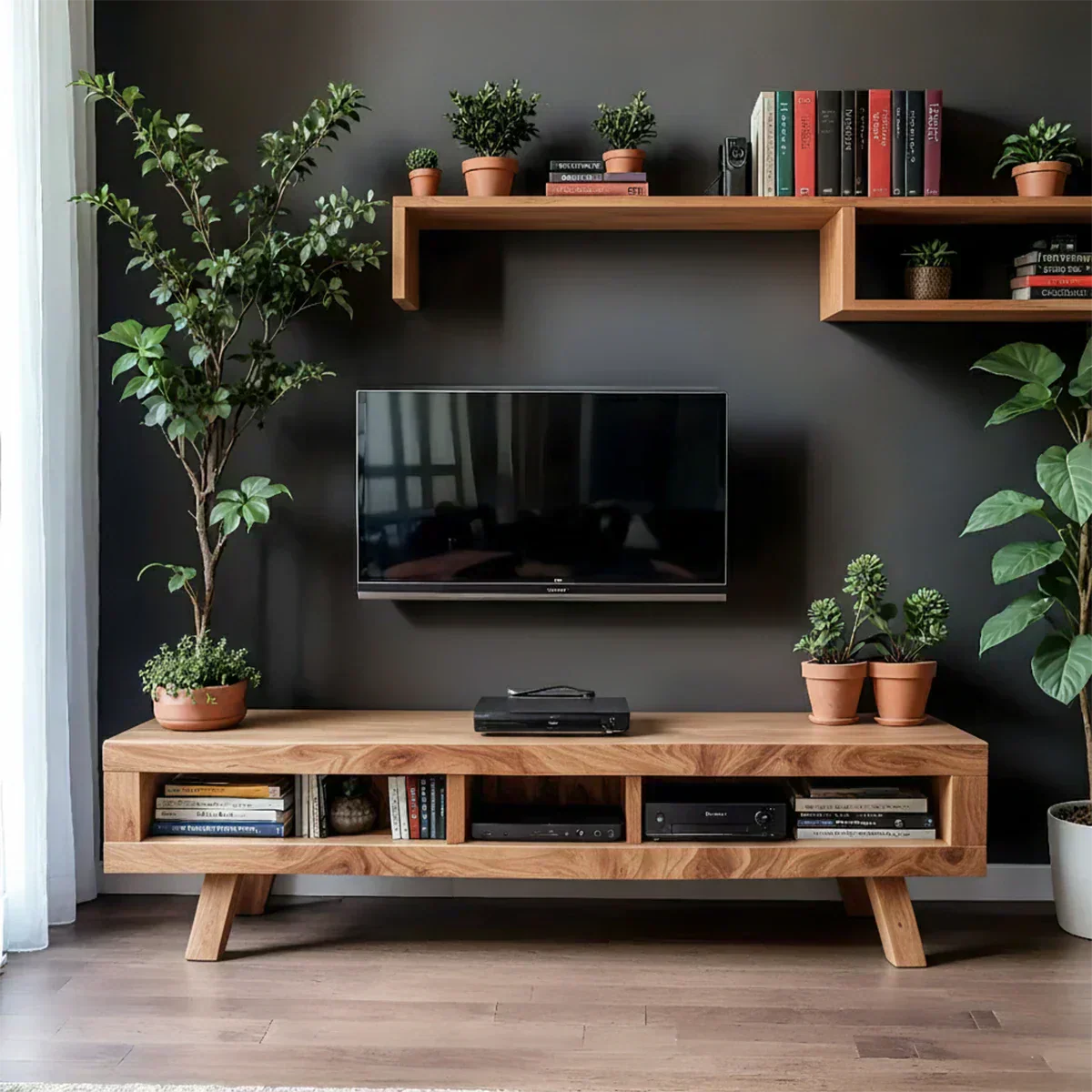 Solid Wood TV Stand – Scandinavian Modern Open-Shelf Design - Woodenecho