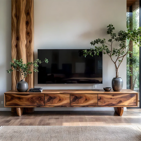 Solid Wood TV Stand – Wabi Sabi Media Console with Deep Natural Grain - Elitegemse