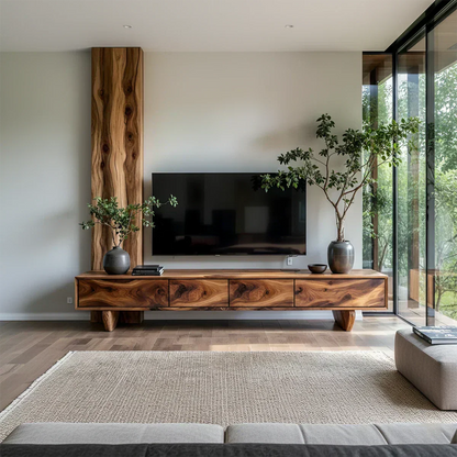 Solid Wood TV Stand – Wabi Sabi Media Console with Deep Natural Grain - Woodenecho