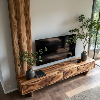 Solid Wood TV Stand – Wabi Sabi Media Console with Deep Natural Grain - Woodenecho