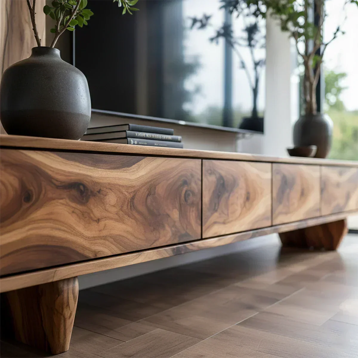 Solid Wood TV Stand – Wabi Sabi Media Console with Deep Natural Grain - Woodenecho