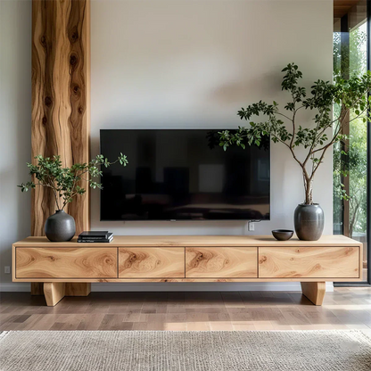 Solid Wood TV Stand – Wabi Sabi Media Console with Deep Natural Grain - Woodenecho