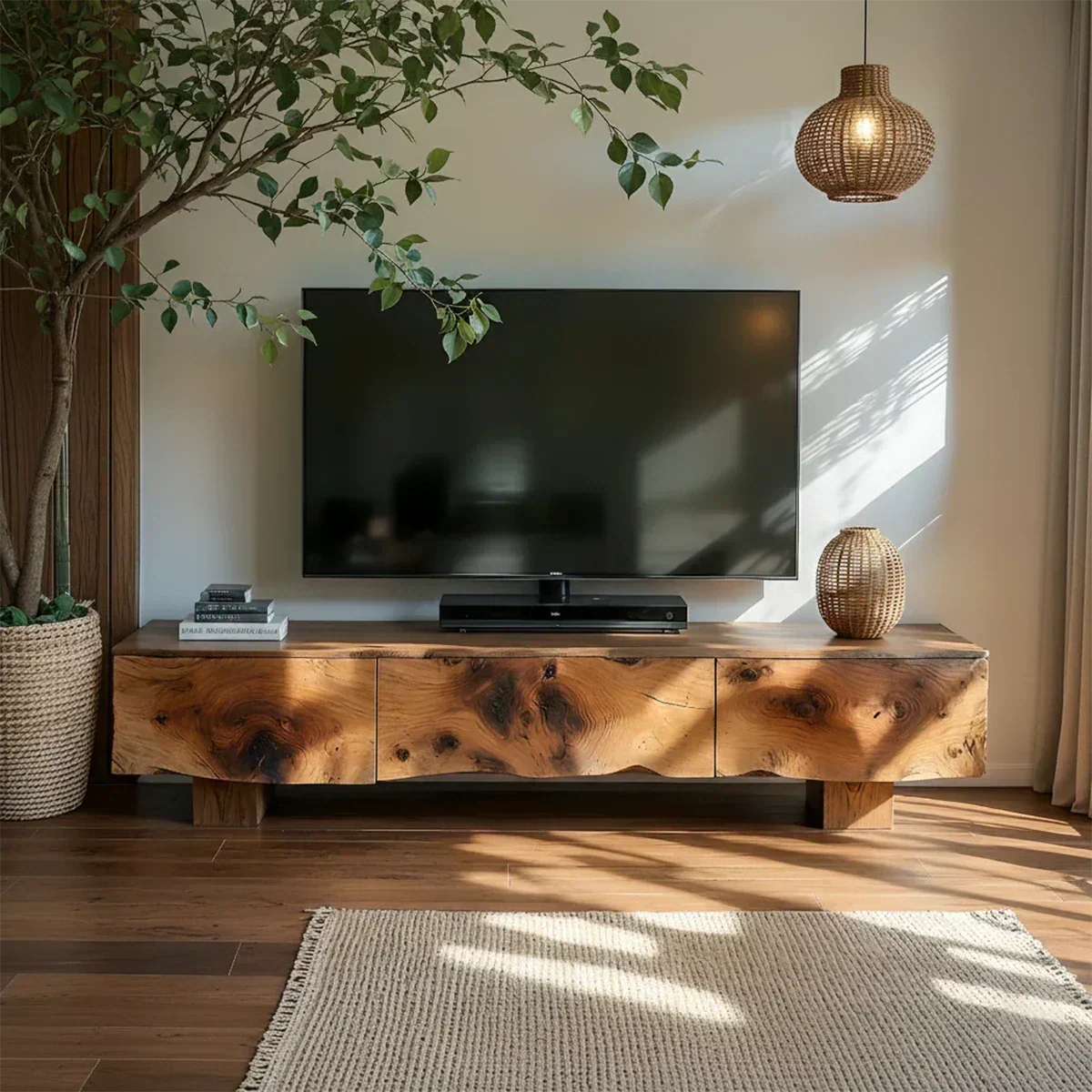 Solid Wood TV Stand – Wabi Sabi Media Console with Knotted Grain - Woodenecho