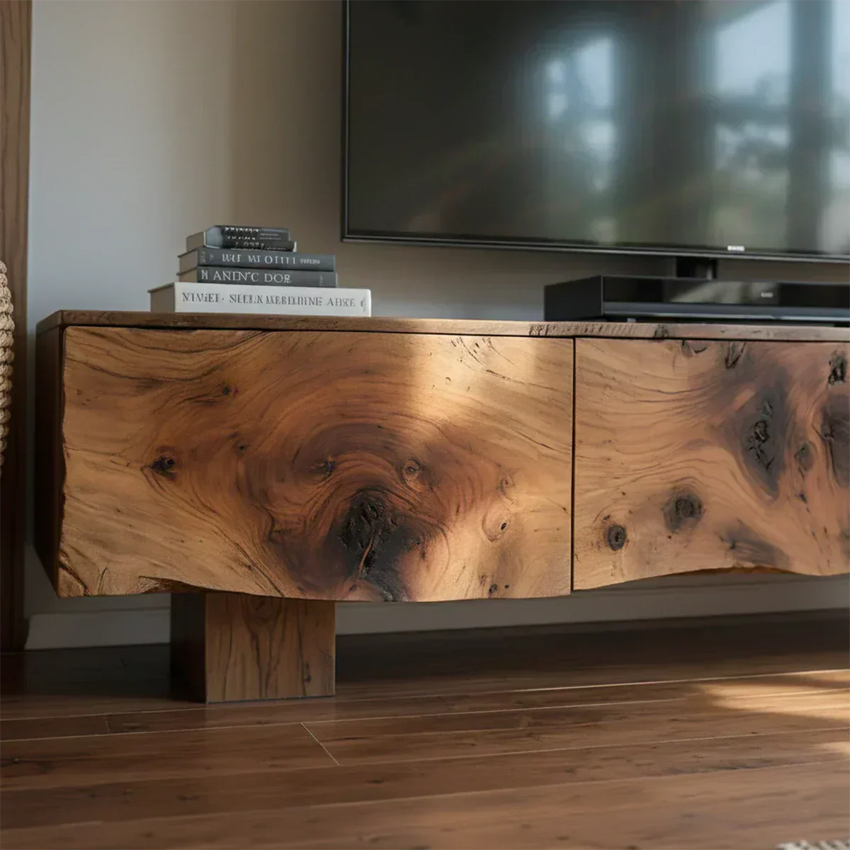 Solid Wood TV Stand – Wabi Sabi Media Console with Knotted Grain - Woodenecho