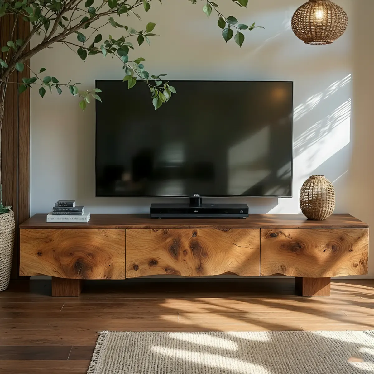 Solid Wood TV Stand – Wabi Sabi Media Console with Knotted Grain - Woodenecho