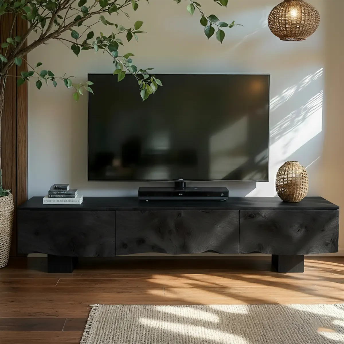 Solid Wood TV Stand – Wabi Sabi Media Console with Knotted Grain - Woodenecho