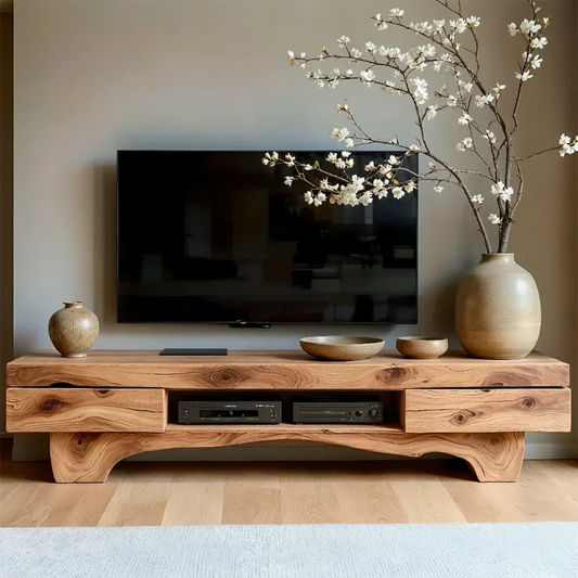 Solid Wood TV Stand – Wabi Sabi Media Console with Natural Finish & Handcrafted Details - Elitegemse