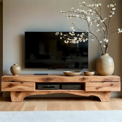 Solid Wood TV Stand – Wabi Sabi Media Console with Natural Finish & Handcrafted Details - Woodenecho