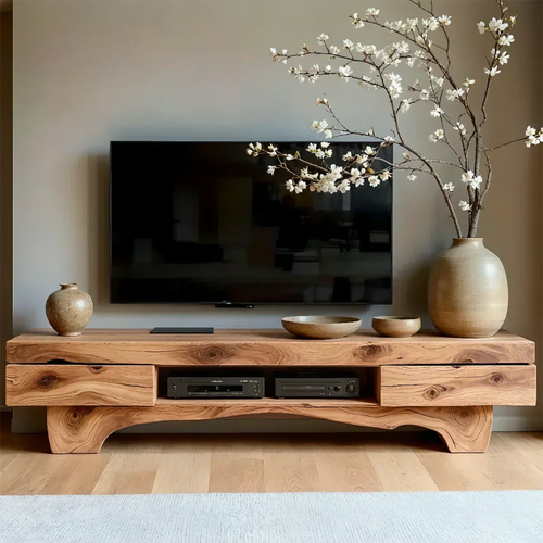 Solid Wood TV Stand – Wabi Sabi Media Console with Natural Finish & Handcrafted Details - Woodenecho