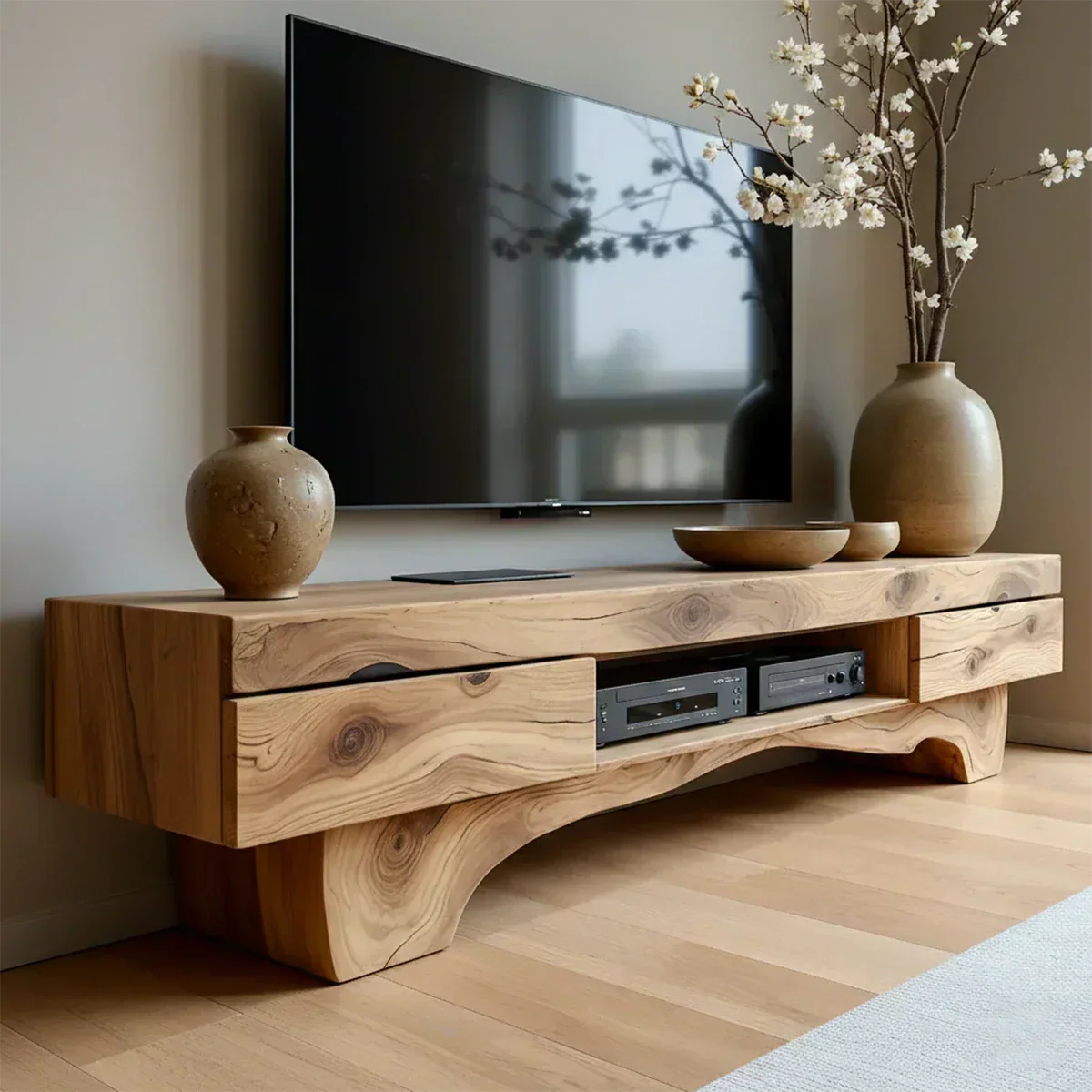 Solid Wood TV Stand – Wabi Sabi Media Console with Natural Finish & Handcrafted Details - Woodenecho