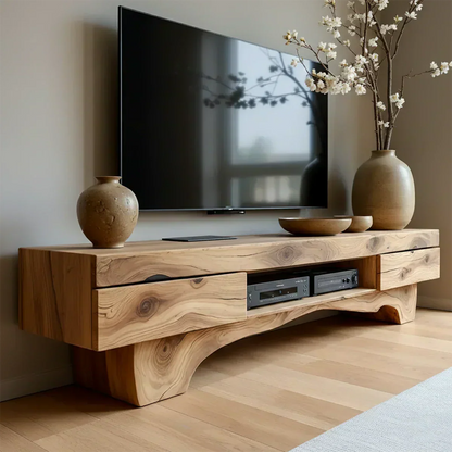 Solid Wood TV Stand – Wabi Sabi Media Console with Natural Finish & Handcrafted Details - Woodenecho