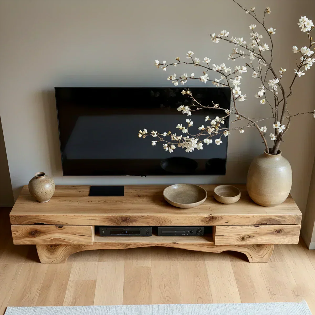 Solid Wood TV Stand – Wabi Sabi Media Console with Natural Finish & Handcrafted Details - Woodenecho