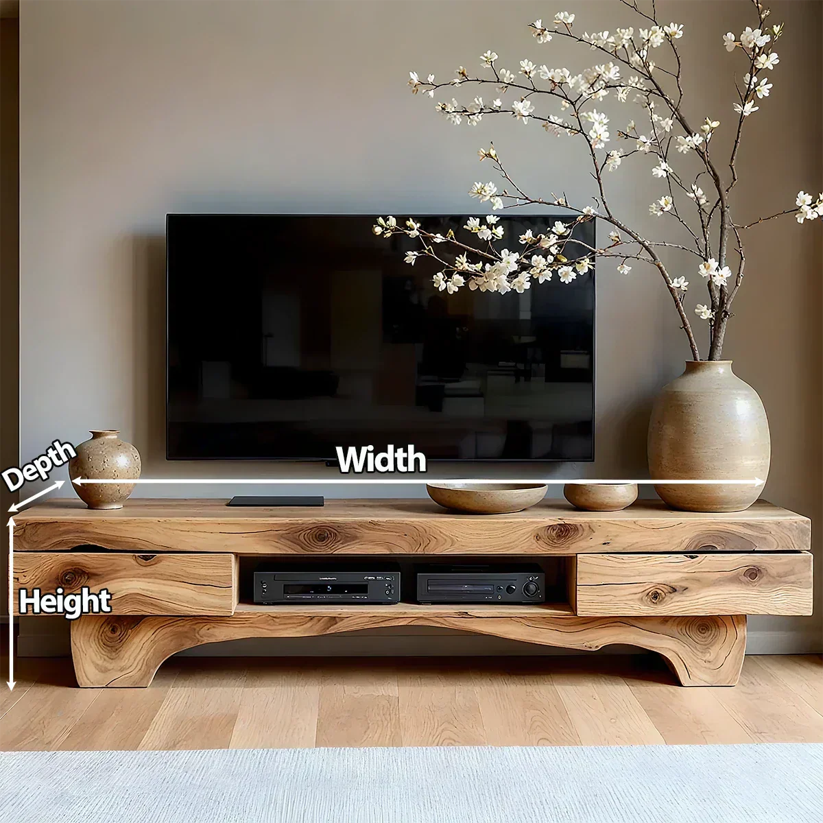 Solid Wood TV Stand – Wabi Sabi Media Console with Natural Finish & Handcrafted Details - Woodenecho