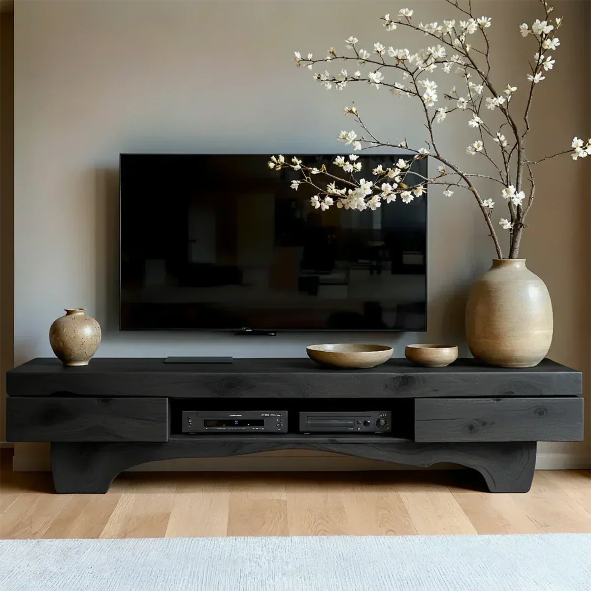 Solid Wood TV Stand – Wabi Sabi Media Console with Natural Finish & Handcrafted Details - Woodenecho