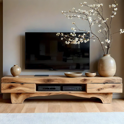 Solid Wood TV Stand – Wabi Sabi Media Console with Natural Finish & Handcrafted Details - Woodenecho