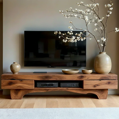 Solid Wood TV Stand – Wabi Sabi Media Console with Natural Finish & Handcrafted Details - Woodenecho