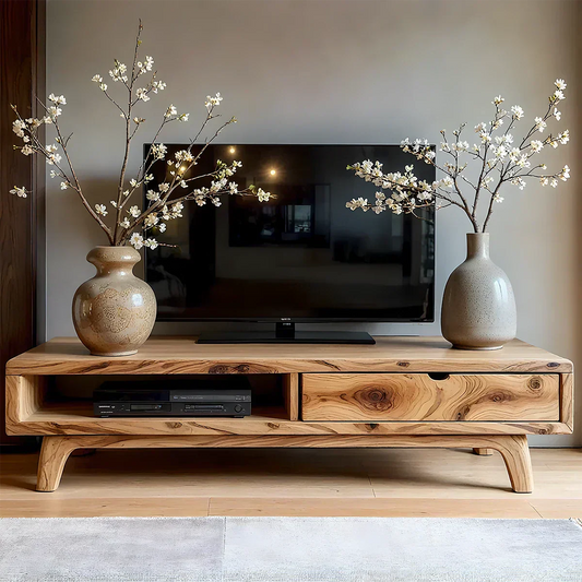 Solid Wood TV Stand – Wabi Sabi Media Console with Warm Natural Grain - Elitegemse