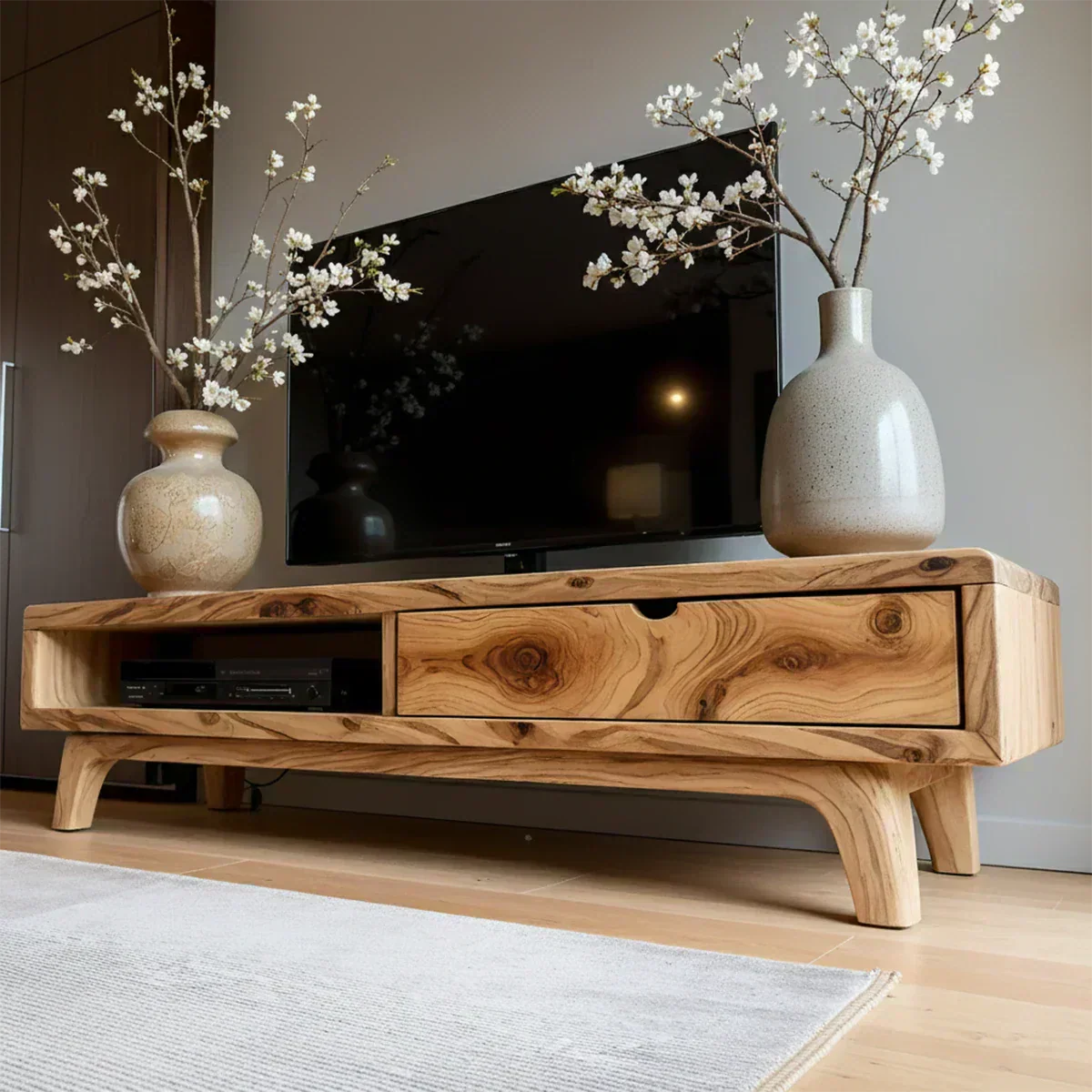 Solid Wood TV Stand – Wabi Sabi Media Console with Warm Natural Grain - Woodenecho