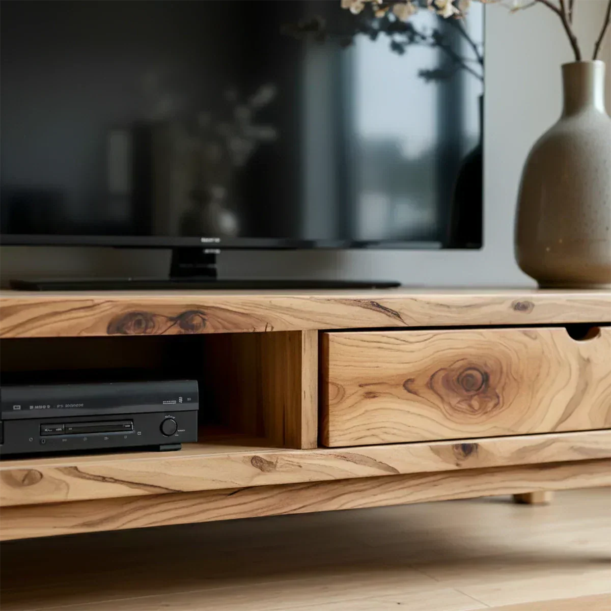 Solid Wood TV Stand – Wabi Sabi Media Console with Warm Natural Grain - Woodenecho