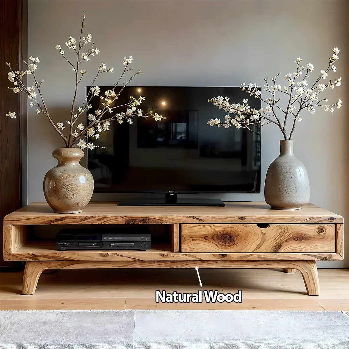 Solid Wood TV Stand – Wabi Sabi Media Console with Warm Natural Grain - Woodenecho
