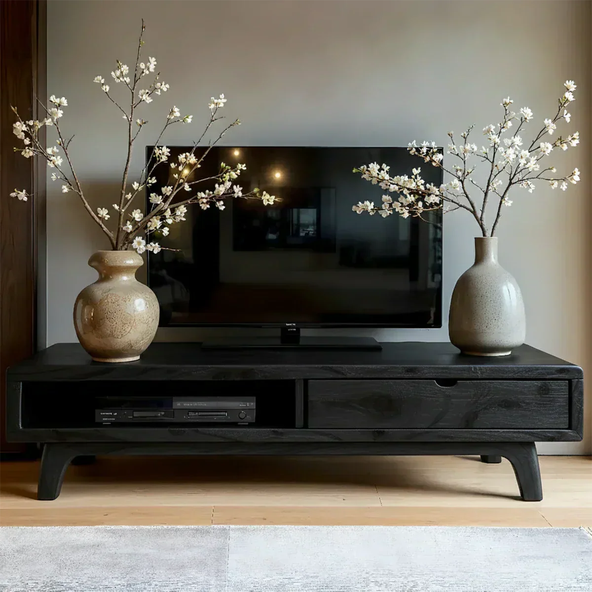 Solid Wood TV Stand – Wabi Sabi Media Console with Warm Natural Grain - Woodenecho