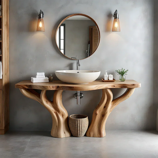 Solid Wood Tree-Form Bathroom Vanity – Natural Live-Edge Countertop - Elitegemse