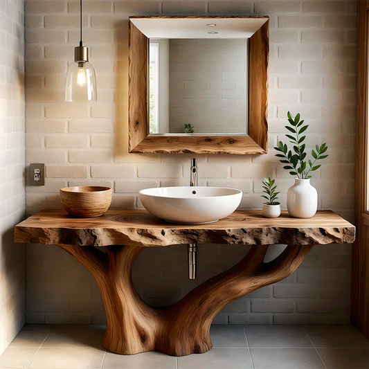 Solid Wood Tree Trunk Bathroom Vanity – Natural Live-Edge Design - Elitegemse