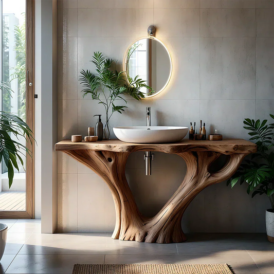 Solid Wood Tree Trunk Bathroom Vanity – Sculpted Live-Edge Base - Elitegemse
