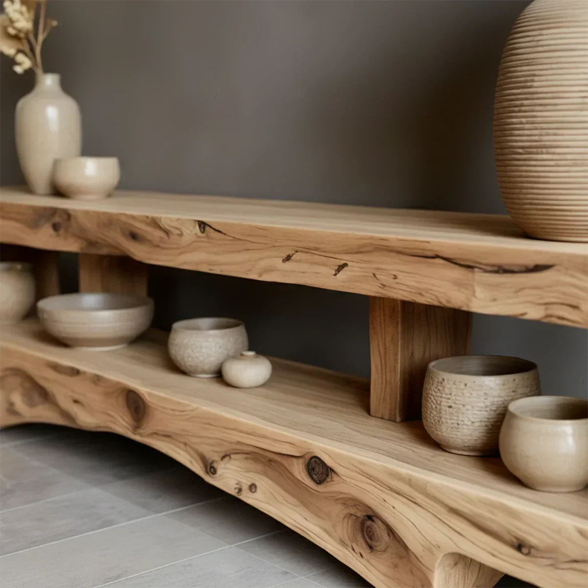 Solid Wood Wabi Sabi Console Table – Natural Finish Entryway & Living Room Shelf - Rustirawood