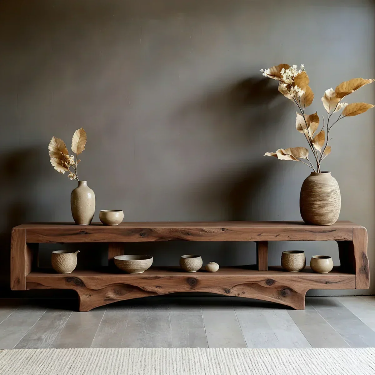 Solid Wood Wabi Sabi Console Table – Natural Finish Entryway & Living Room Shelf - Rustirawood