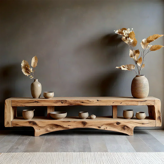 Solid Wood Wabi Sabi Console Table – Natural Finish Entryway & Living Room Shelf - Woodenecho
