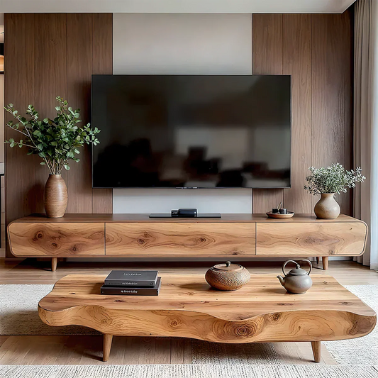Solid Wood Wabi Sabi TV Stand – Natural Finish Media Console - Elitegemse